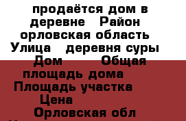 продаётся дом в деревне › Район ­ орловская область › Улица ­ деревня суры › Дом ­ 18 › Общая площадь дома ­ 54 › Площадь участка ­ 33 › Цена ­ 1 300 000 - Орловская обл., Новодеревеньковский р-н, Суры д. Недвижимость » Дома, коттеджи, дачи продажа   . Орловская обл.